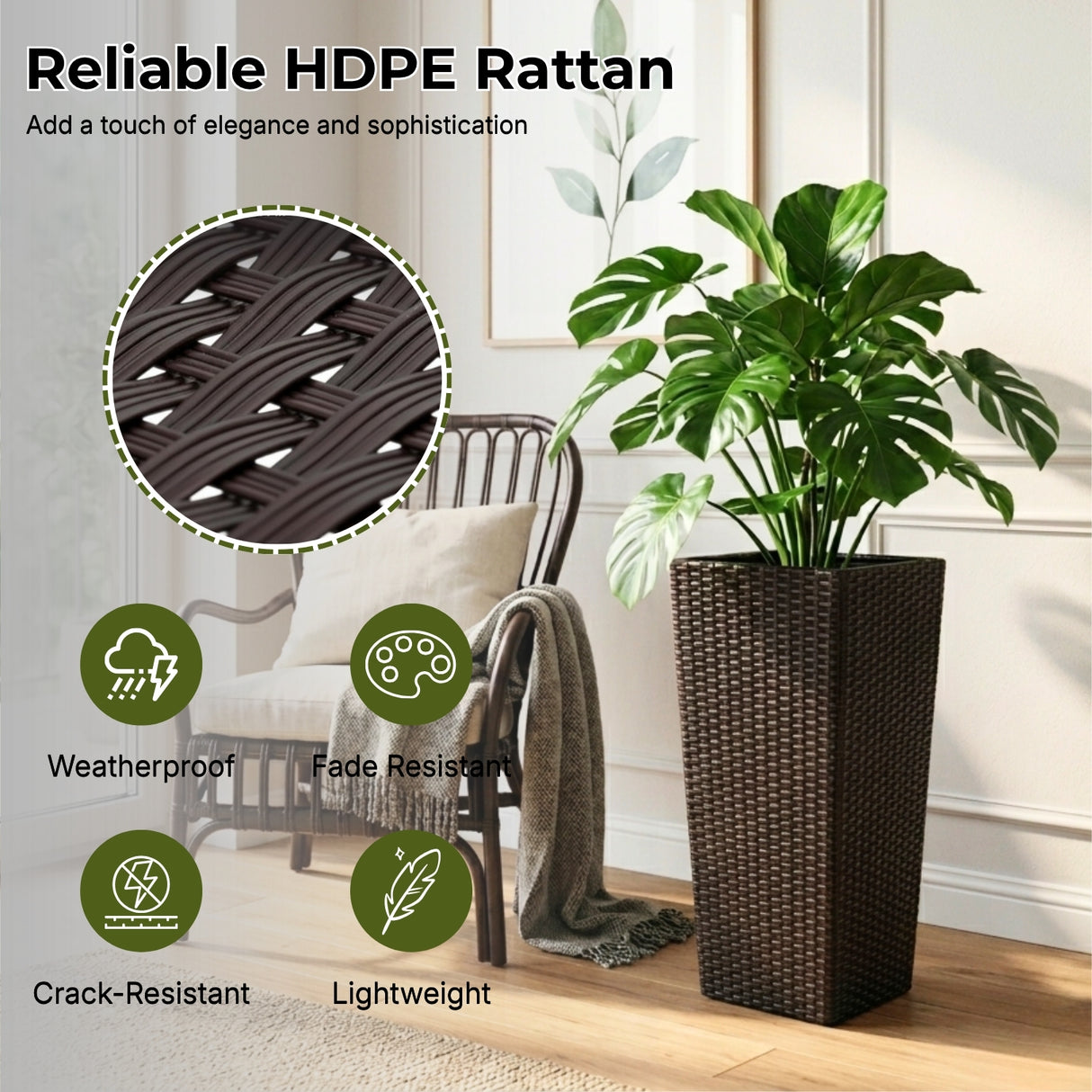 2-Piece Outdoor Rattan Wicker Tall Square Planters (Dark Brown)
