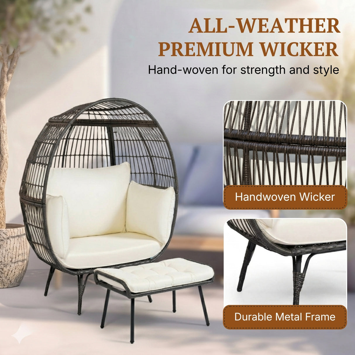 Outdoor Wicker Egg Chair with Ottoman (Black & Off-White)