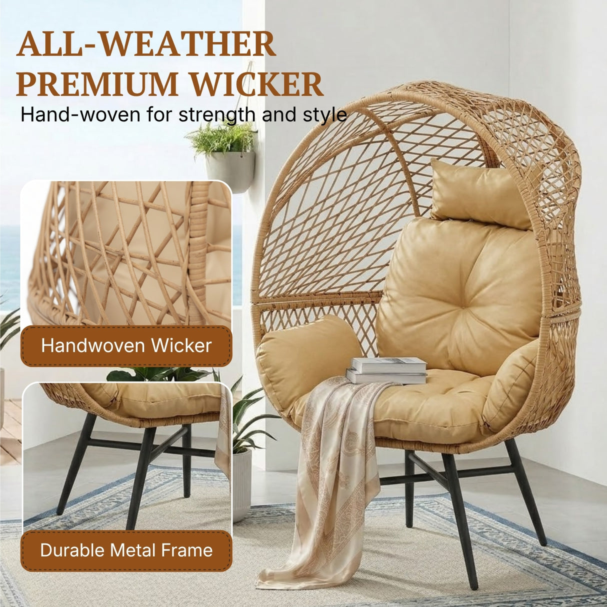 Outdoor Wicker Egg Chair with Glass Top Side Table (Beige & Cream)