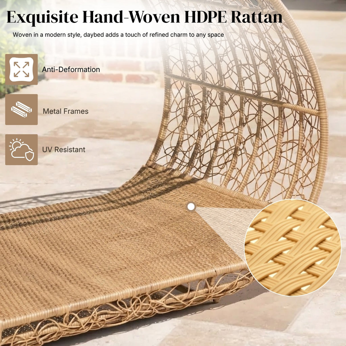 Outdoor Rattan Wicker Daybed with Oval-Shaped Canopy Frame (Beige & Off-White)