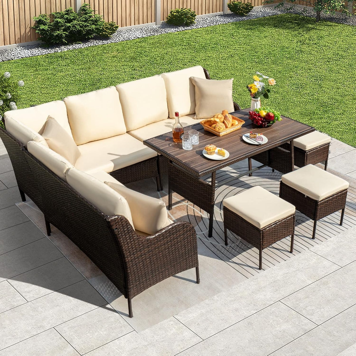 6 Piece Outdoor Patio Furniture Set (Dark Brown & Cream)