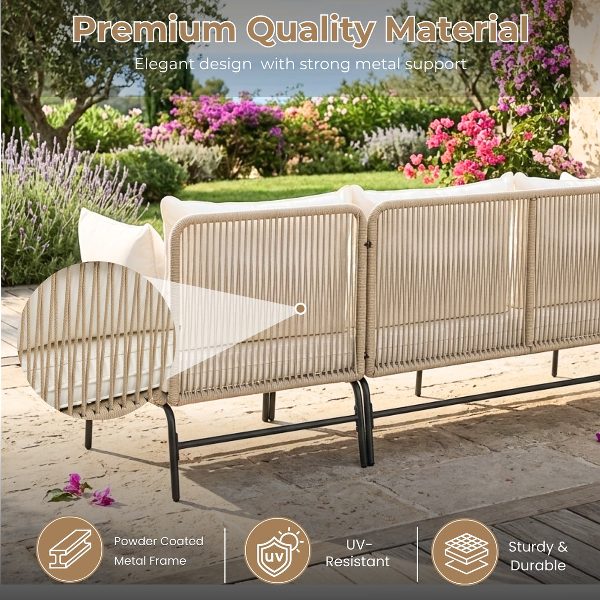 Outdoor L-Shape Rope Sofa Set (Beige & White)