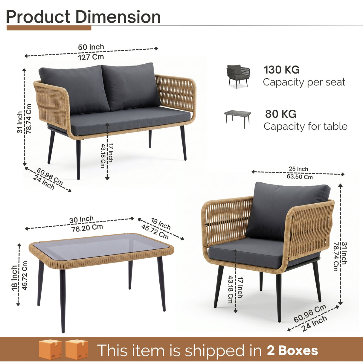 Outdoor Rope 4 Seater Conversation Furniture Set (Beige & Dark Grey)