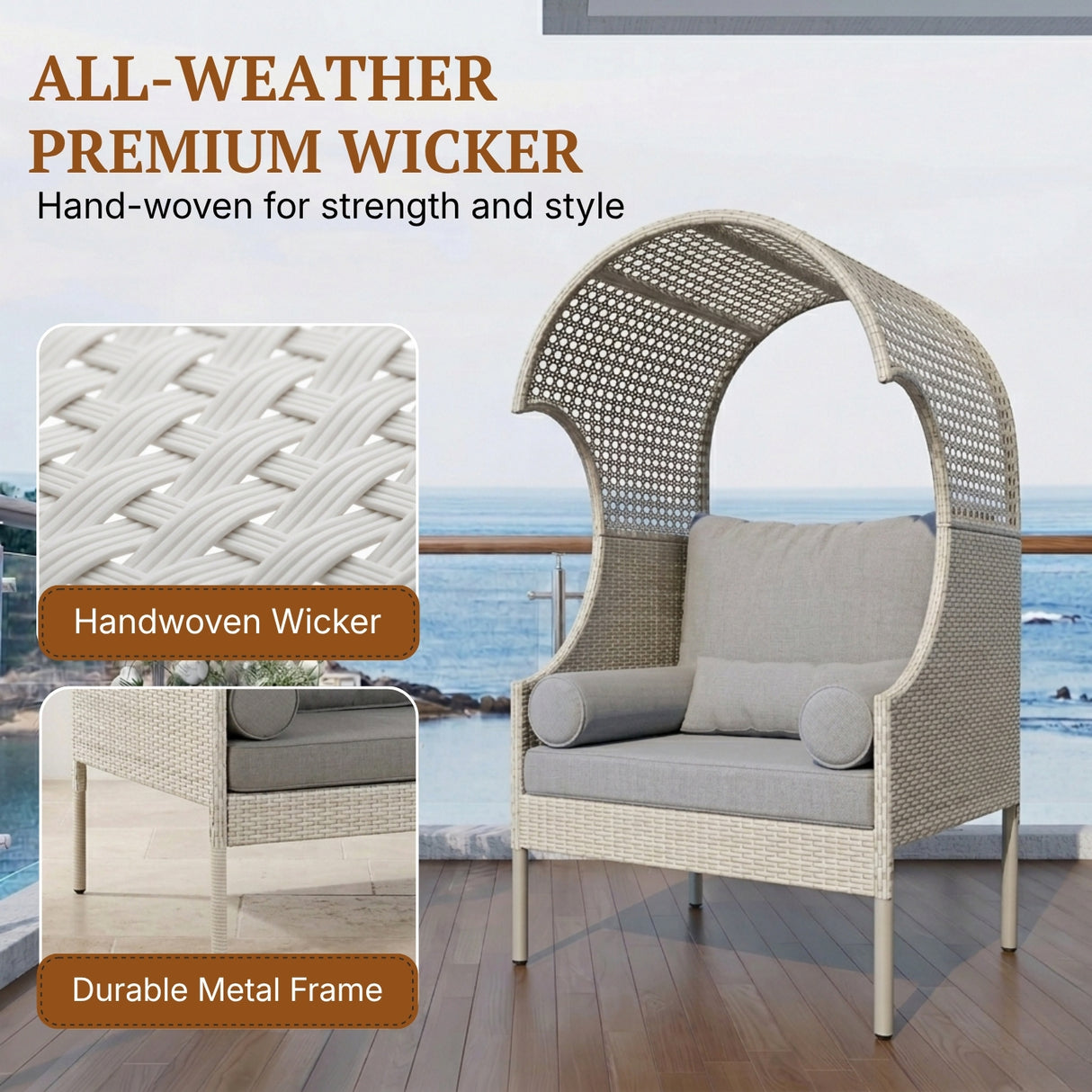 Outdoor Wicker Canopy Egg Chair with Cushions (White & Grey)