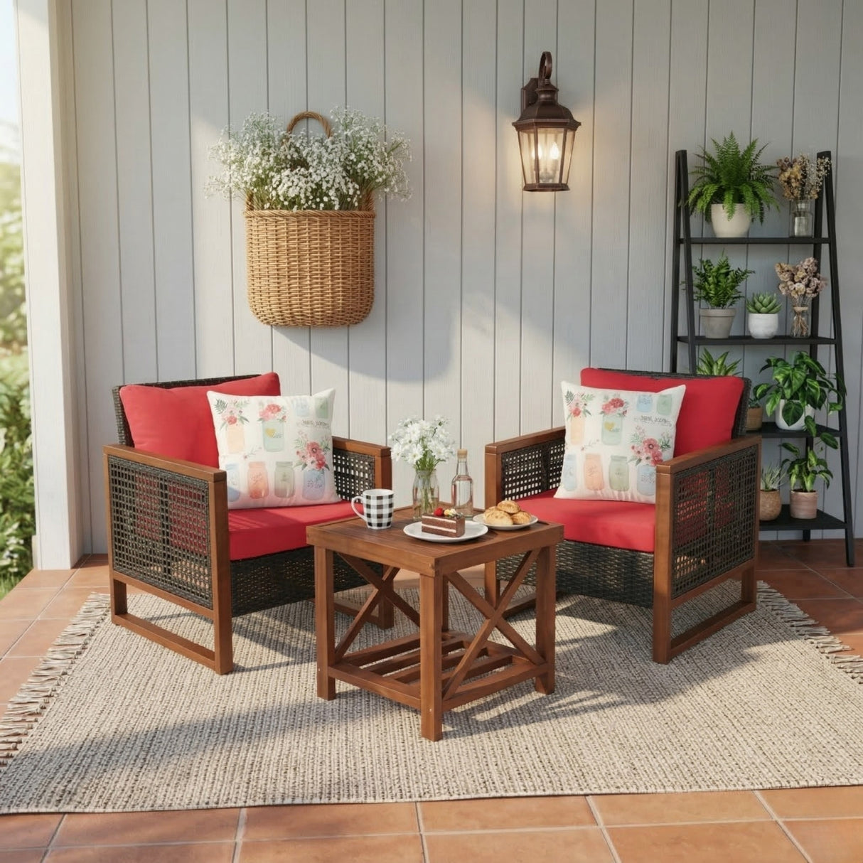 Outdoor Wicker 3-Piece Patio Furniture Set with Solid Wooden Frames (Dark Brown & Red)