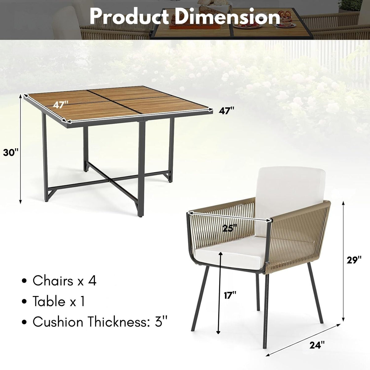 5-Piece Outdoor Patio Dining Set with Square Wood Tabletop