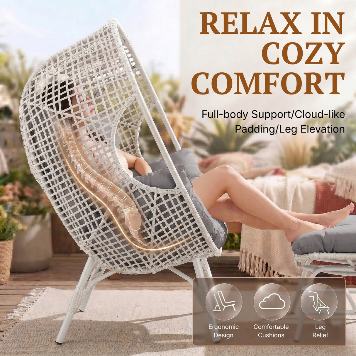 4-Piece Outdoor Wicker Egg Chair Set with Ottomans (White & Grey)