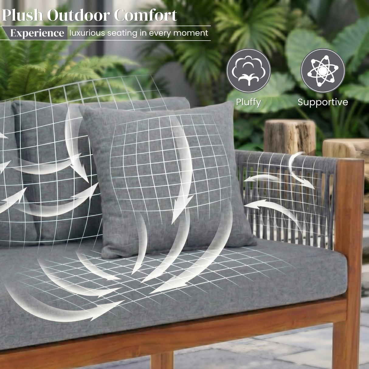 Outdoor Rope Sofa Set with Teak Wood Frame (Grey)