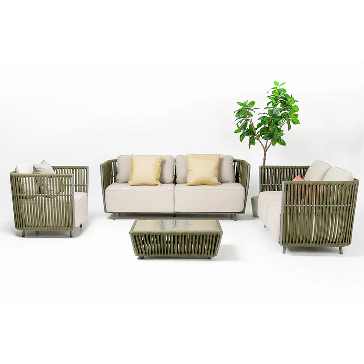 All-Weather Rope 5 Seater Sofa Set With Glass Top Table