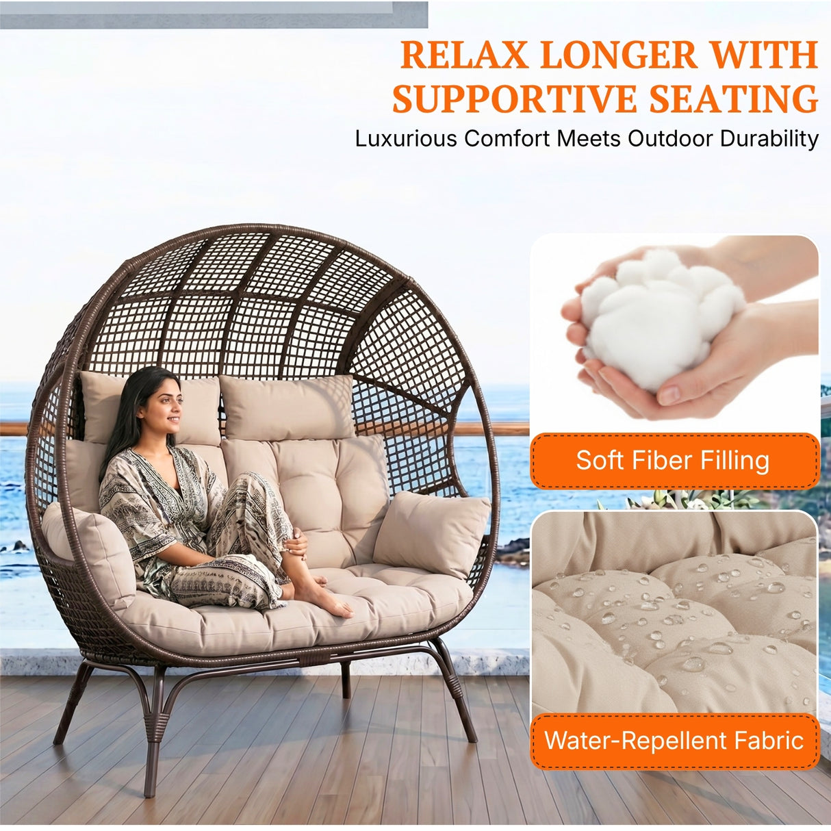 Outdoor Rattan Wicker Double Seater Egg Chair (Dark Brown & Cream)