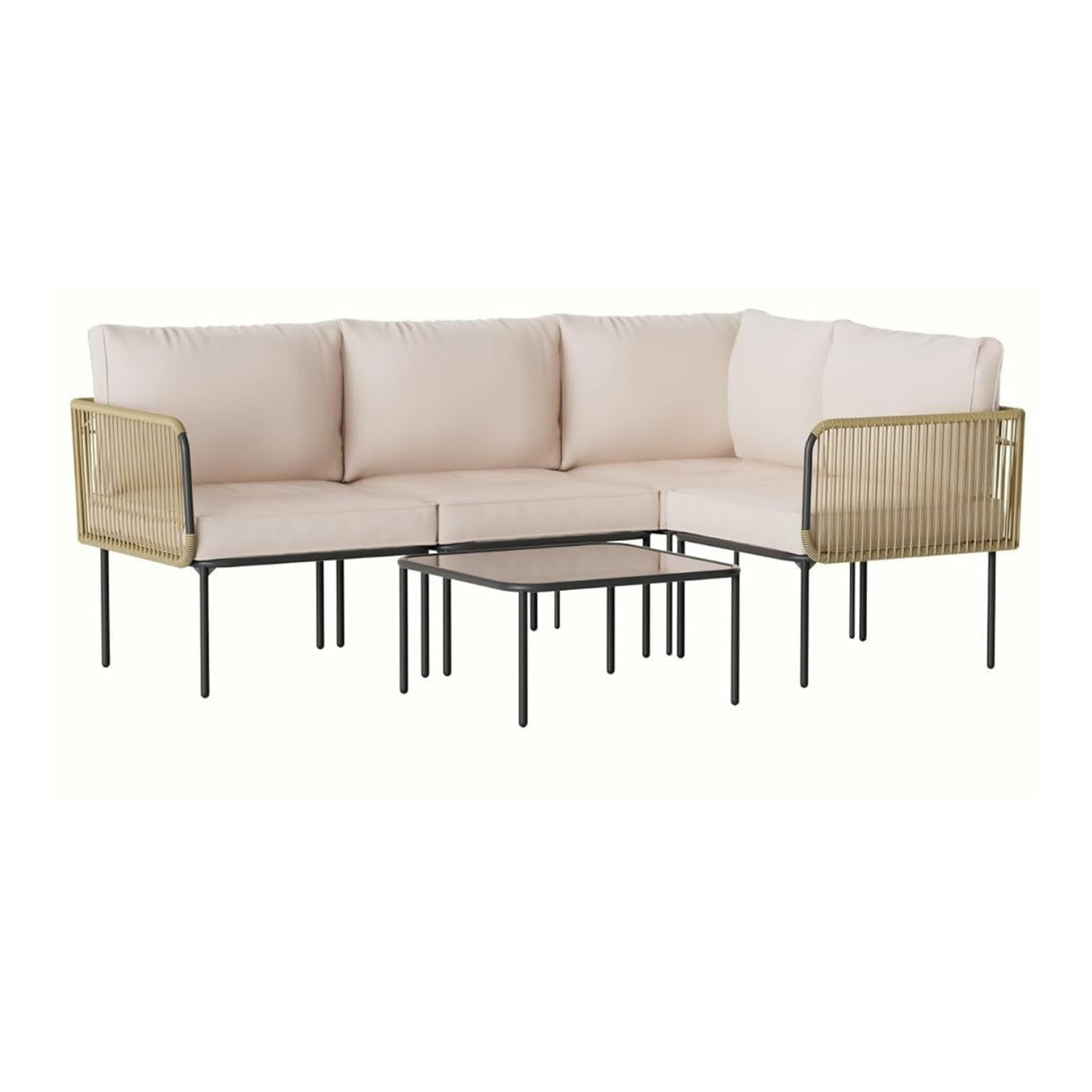 L-Shaped Rope Woven Outdoor Sofa Set (Beige & Cream)