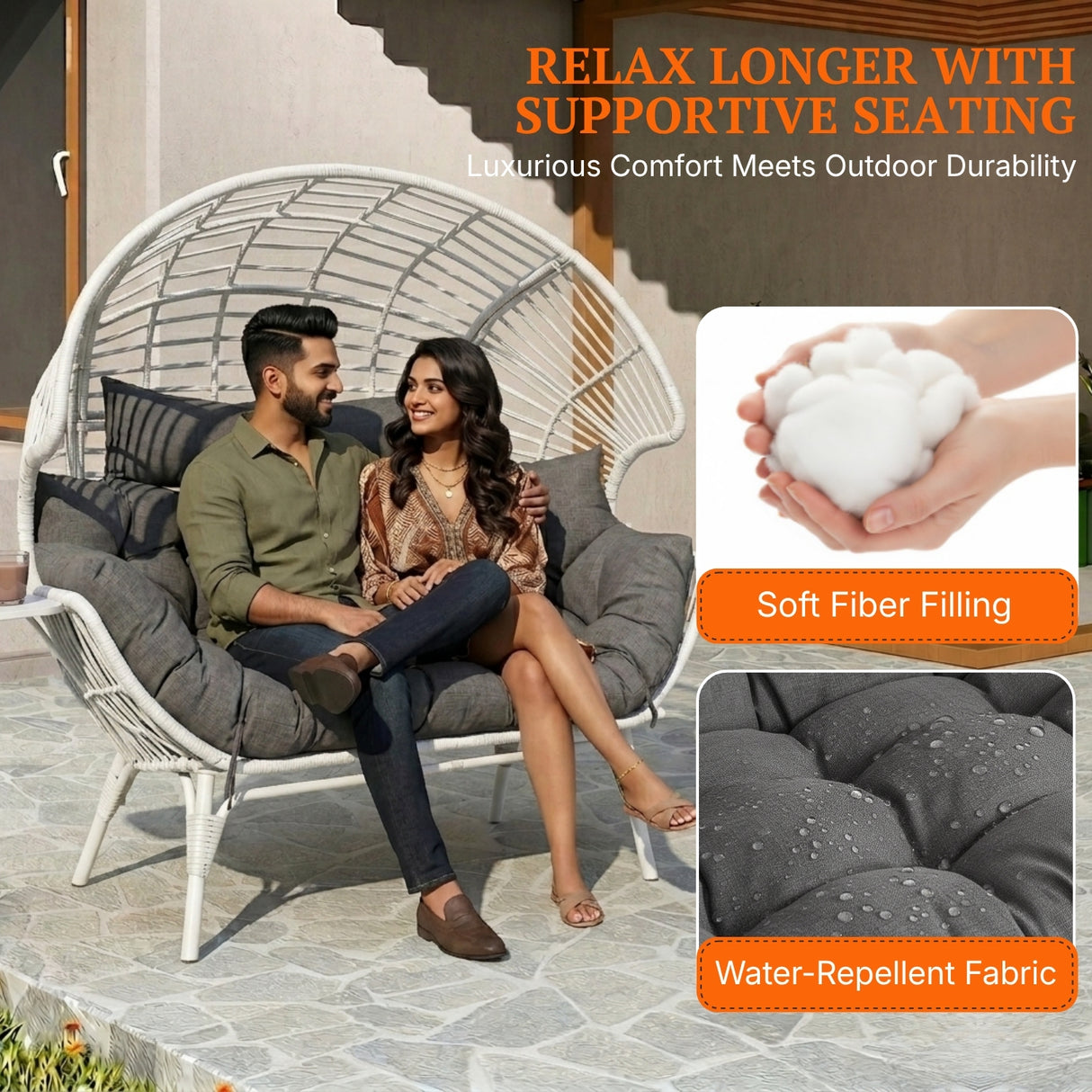 Outdoor Wicker Double Seater Egg Chair with Dual Cup Holders (White & Dark Grey)