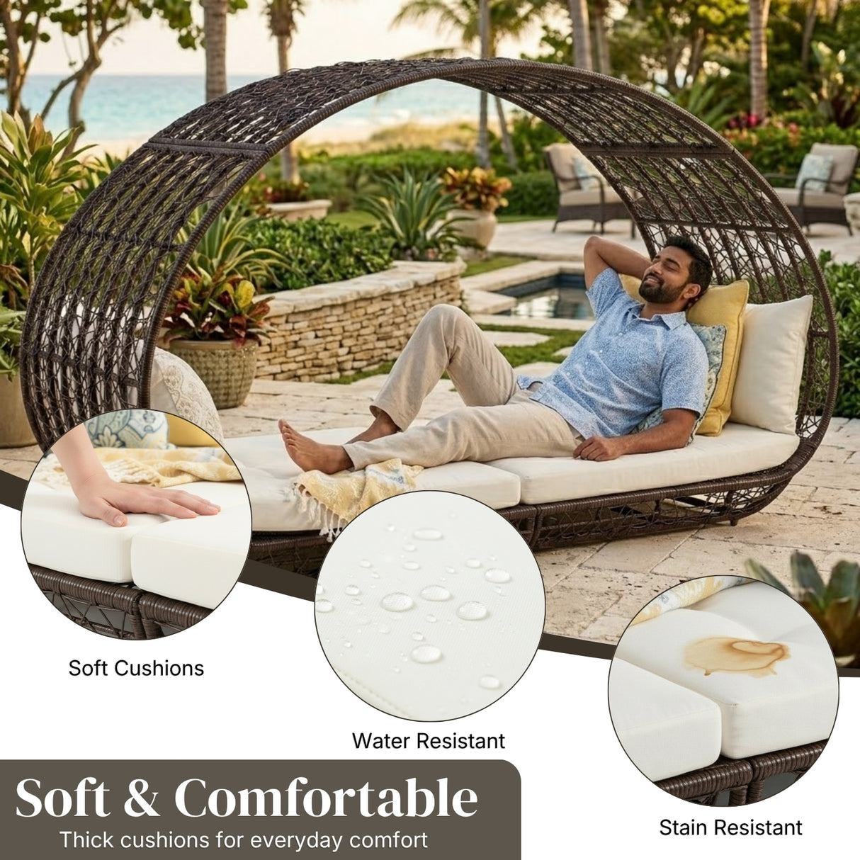 Outdoor Rattan Wicker Daybed with Oval-Shaped Canopy Frame (Dark Brown & Off-White)