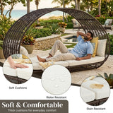 Outdoor Rattan Wicker Daybed with Oval-Shaped Canopy Frame (Dark Brown & Off-White)