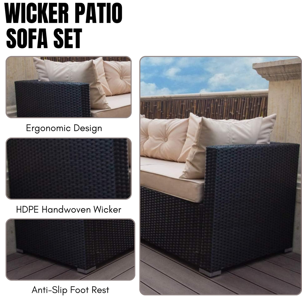 6-Seater Outdoor Garden Conversation Sofa Set (Dark Brown & Cream)