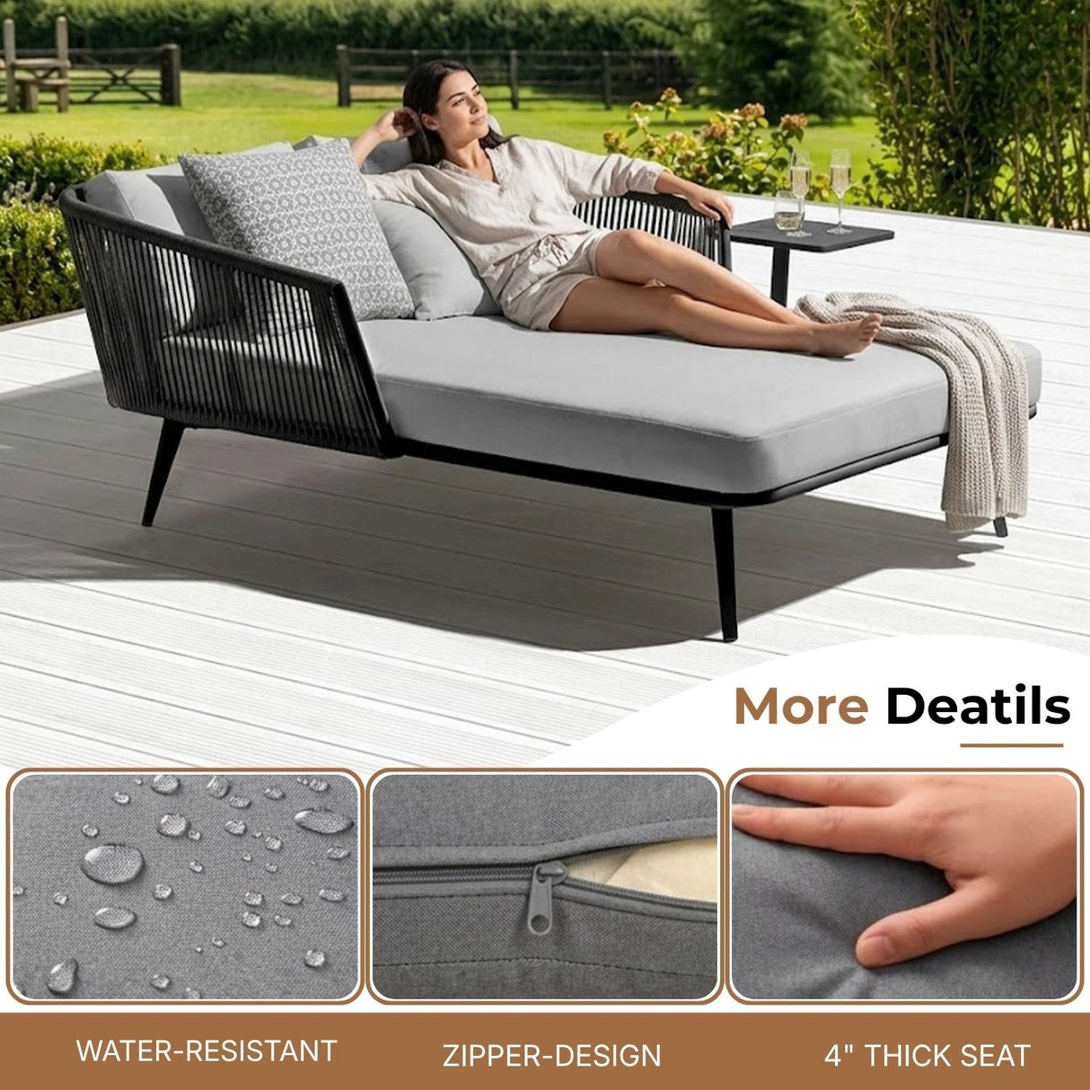 Outdoor Black Rope Patio Daybed with Comfortable Grey Cushion