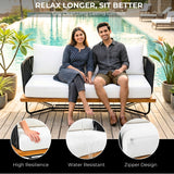 Outdoor Rope 2-Seater Sofa Set with Wooden Base & Slatted Wooden Coffee Table