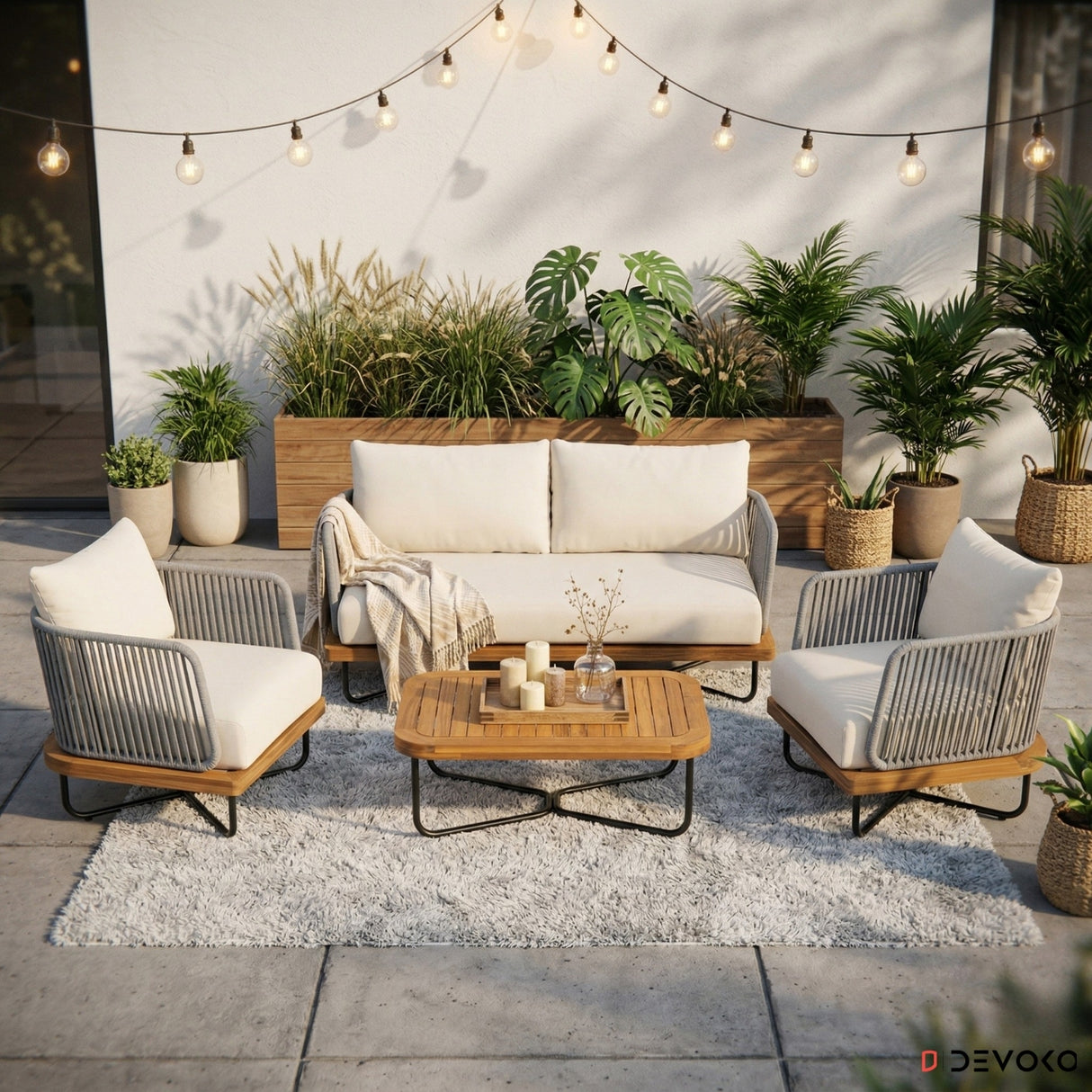 Outdoor 4-Piece Rope Woven Conversation Sofa Set with Wooden Top Table