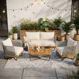 Outdoor 4-Piece Rope Woven Conversation Sofa Set with Wooden Top Table