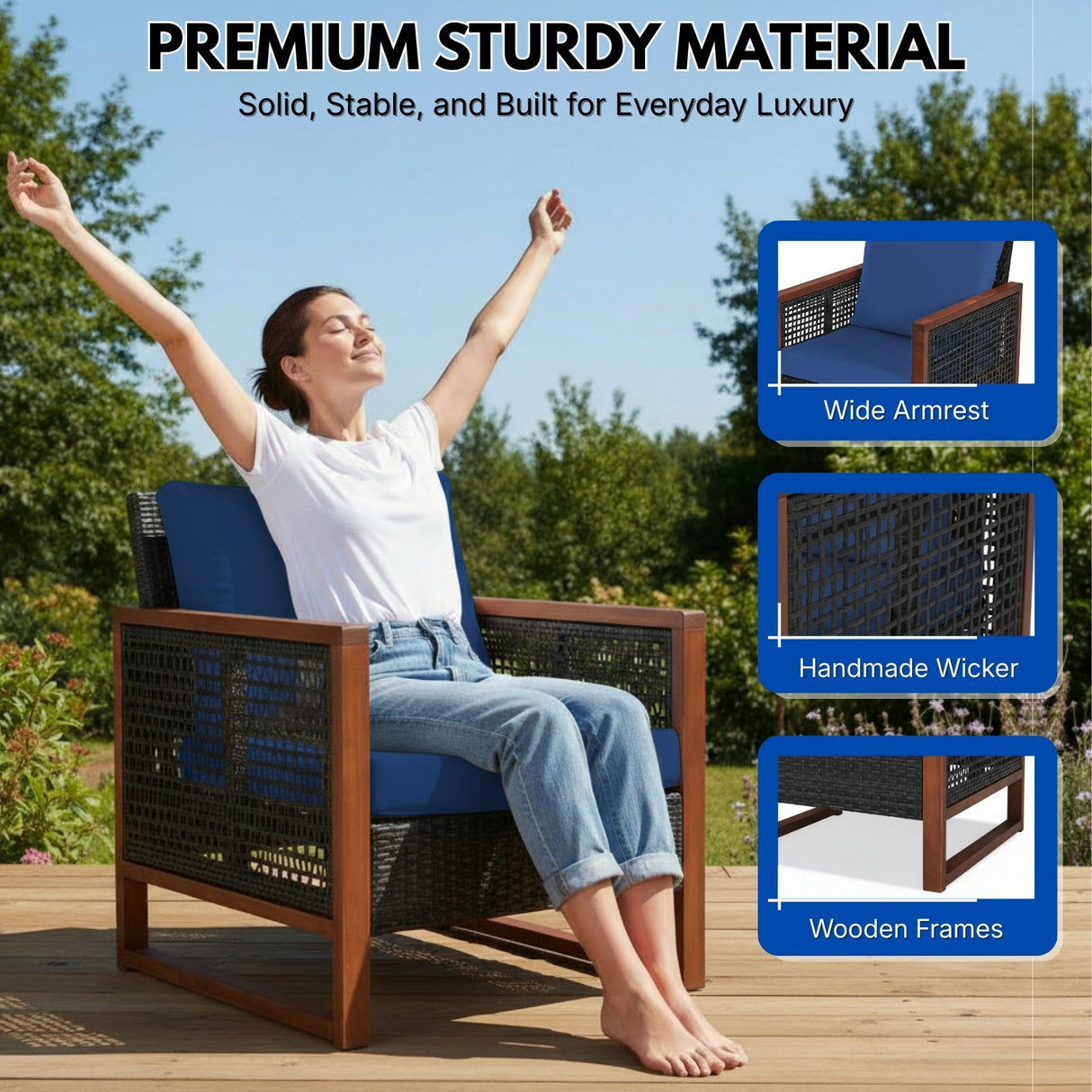 Outdoor Wicker 3-Piece Patio Furniture Set with Solid Wooden Frames (Dark Brown & Blue)