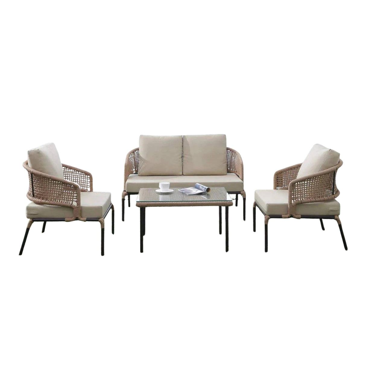 All-Weather Patio Rope Sofa Set with Glass Top Coffee Table