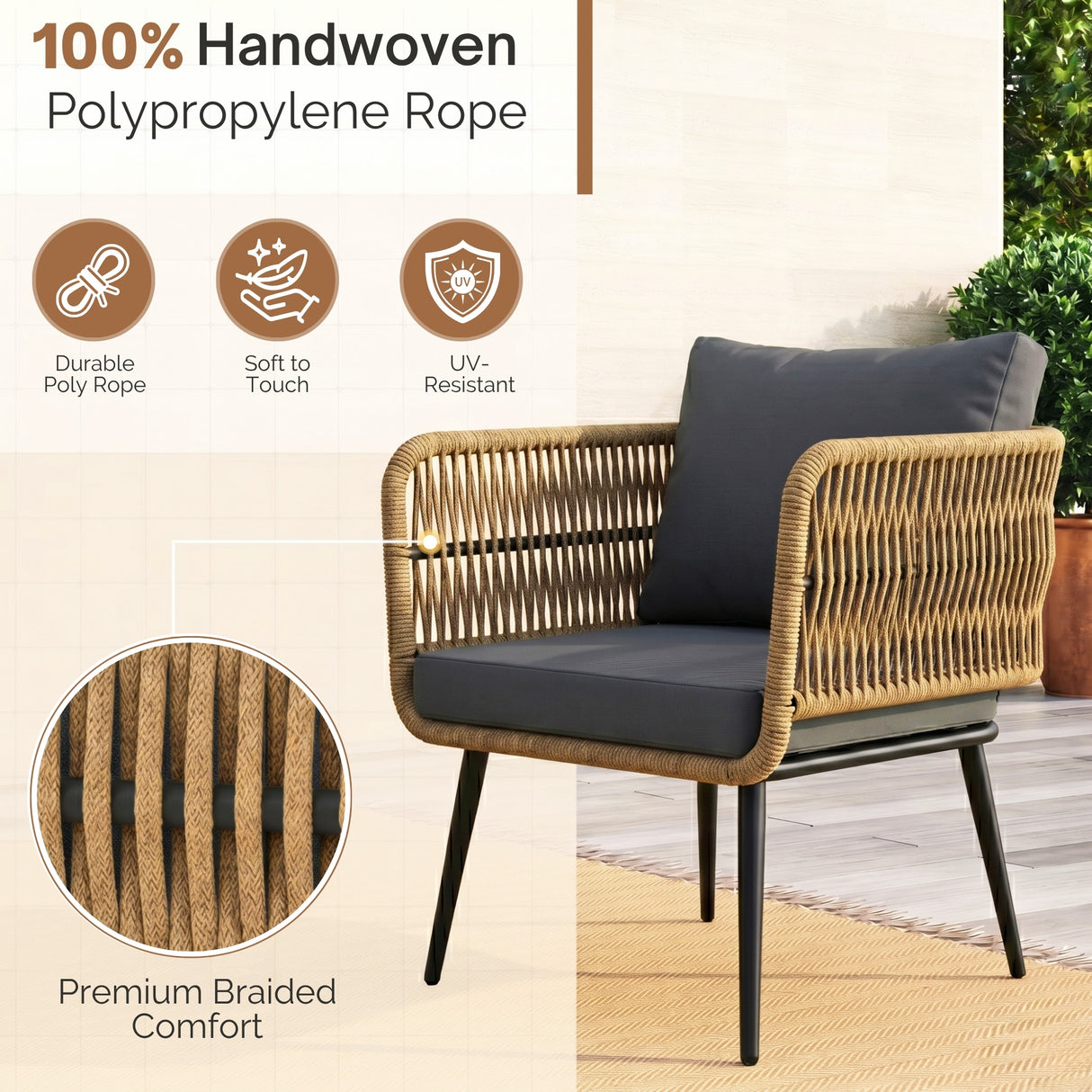 Outdoor Rope 4 Seater Conversation Furniture Set (Beige & Dark Grey)