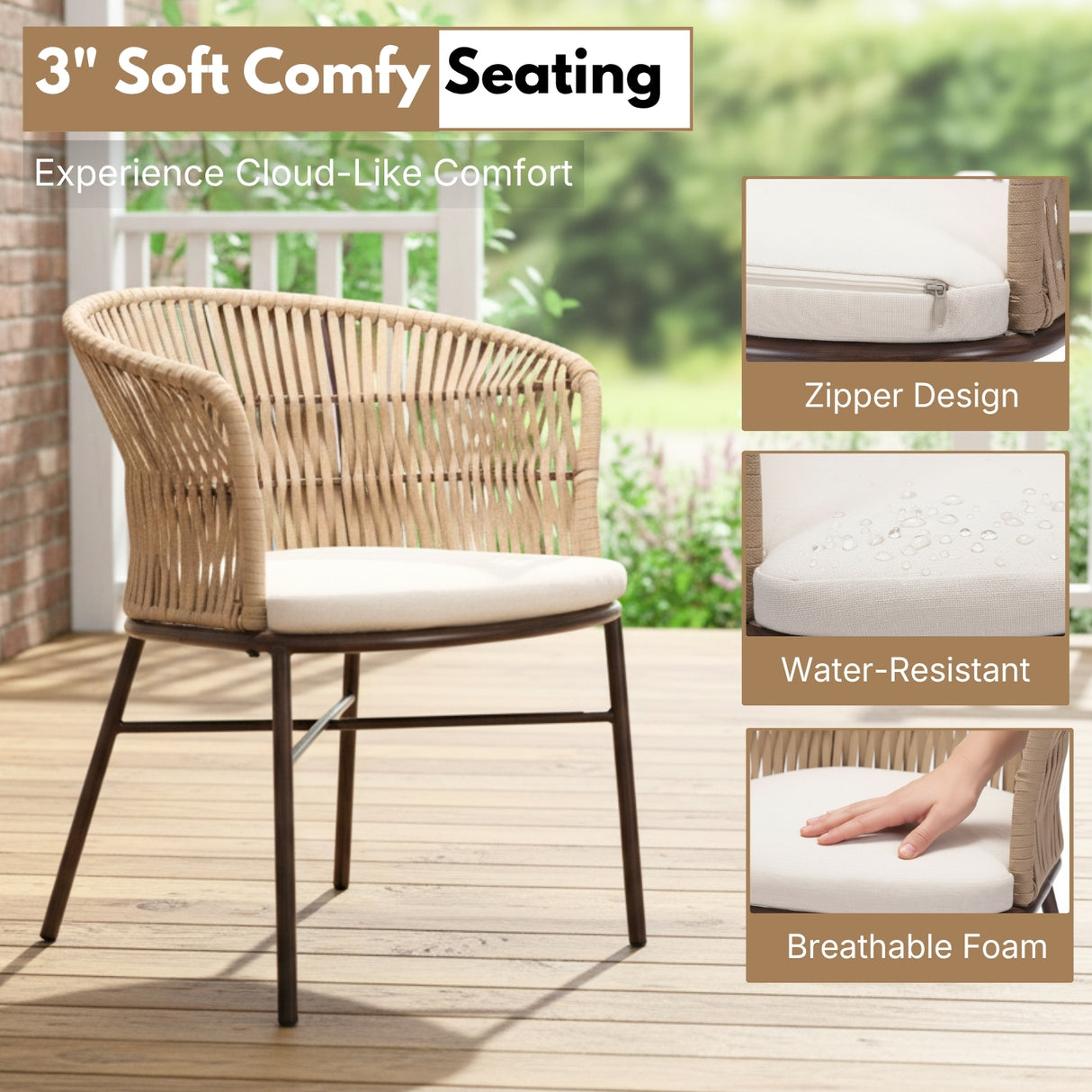 Outdoor Rope Dining Chair with Cushion (Beige & White)
