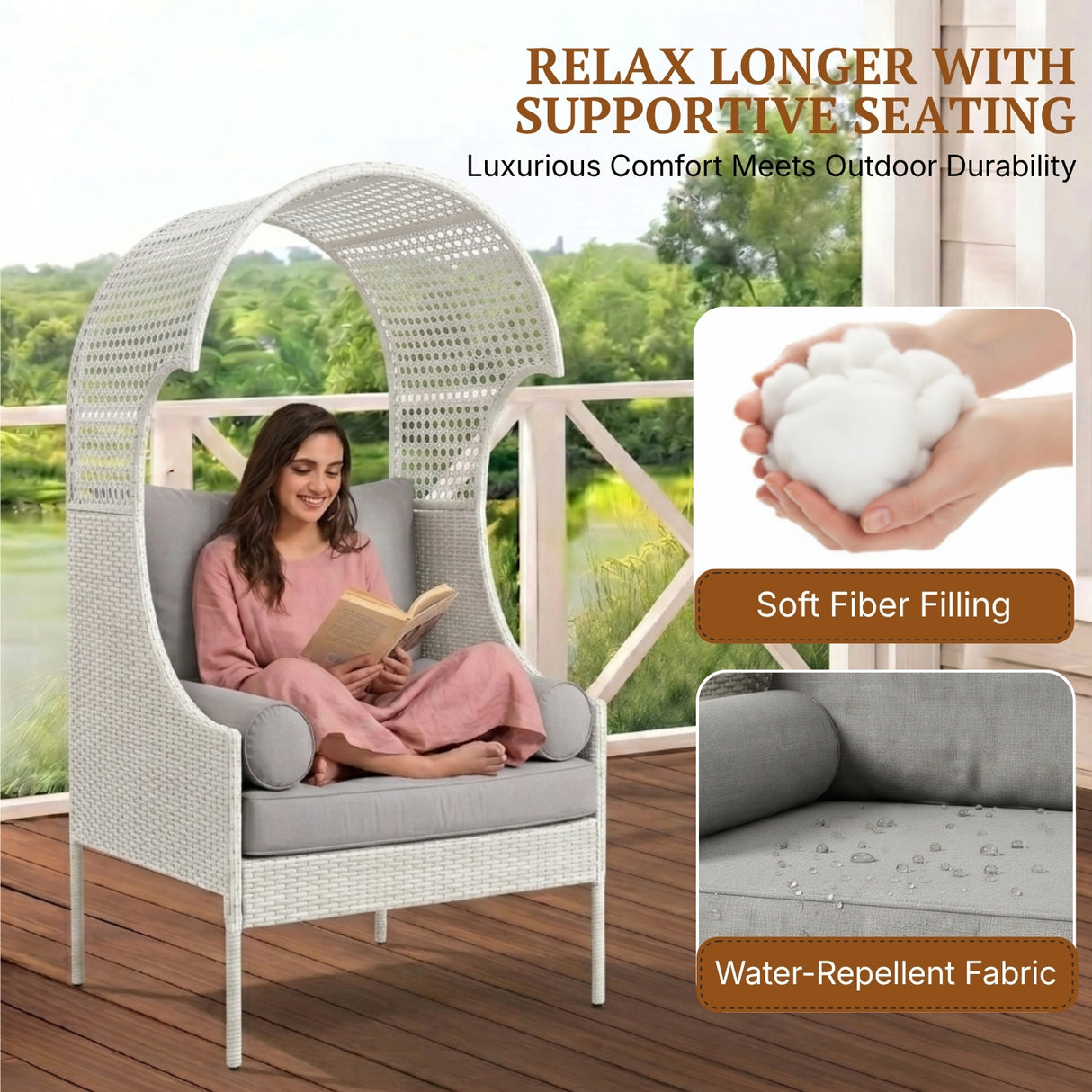 Outdoor Wicker Canopy Egg Chair with Cushions (White & Grey)