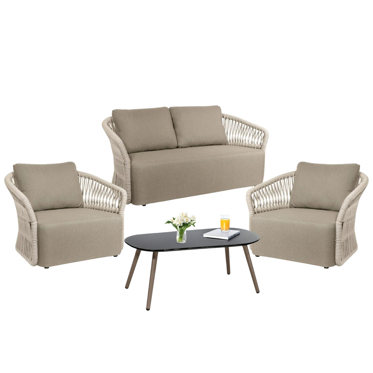 4-Piece Outdoor Braid & Rope Sofa Set (Beige & Dark Cream)