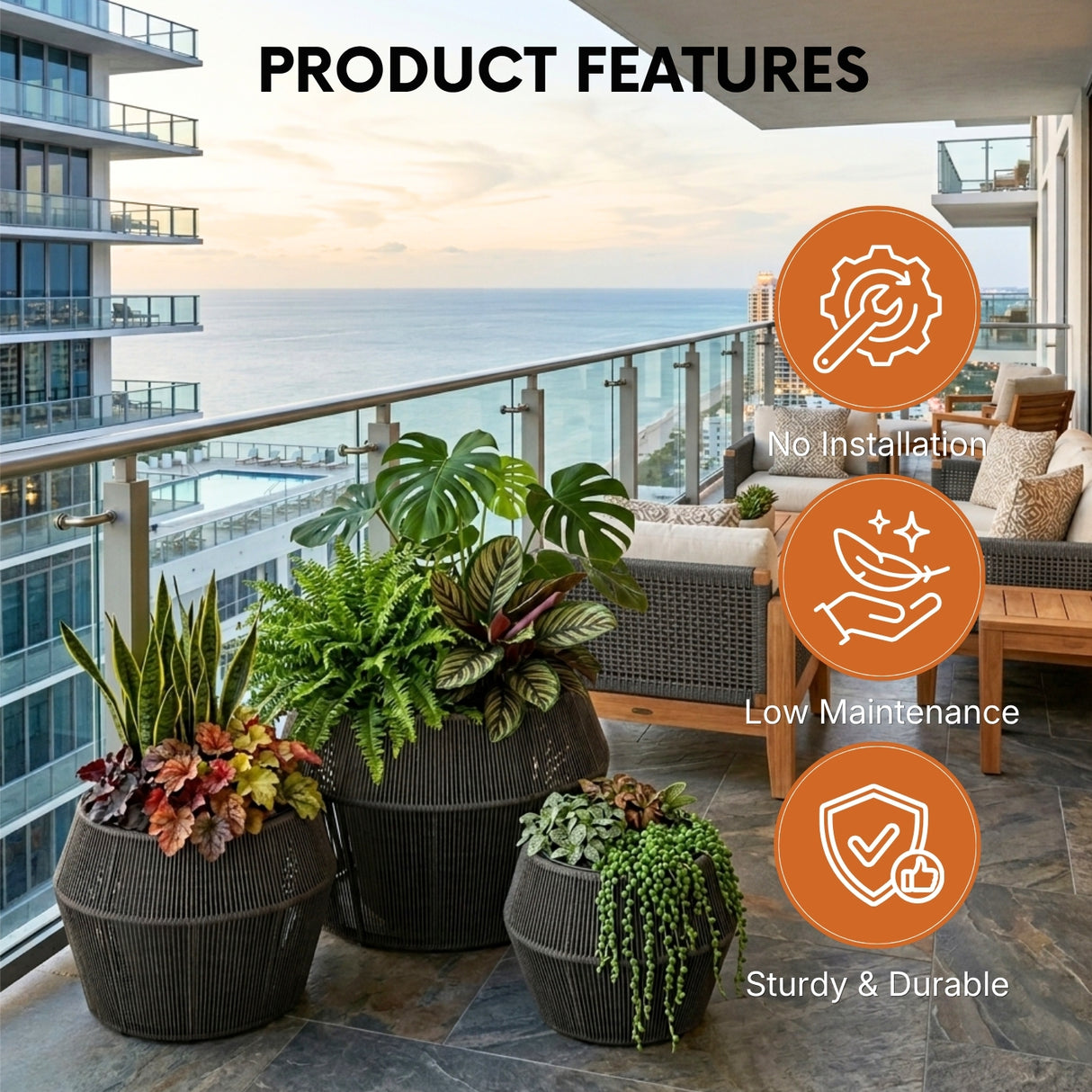 Outdoor 3-Piece Round Rope Planters (Grey)