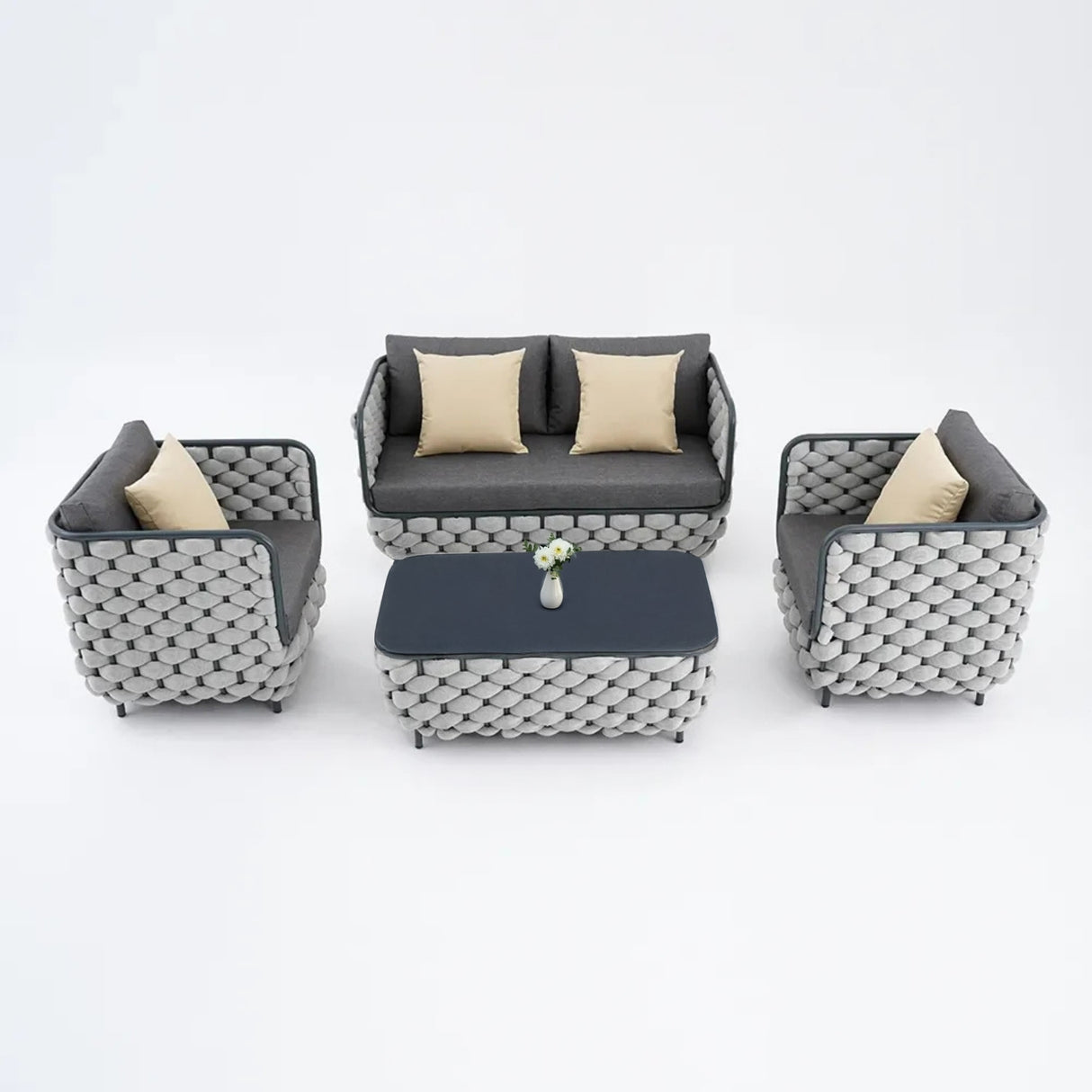 4 Piece Outdoor Rope Sofa Set with Glass Top Coffee Table (Light Grey & Dark Grey)