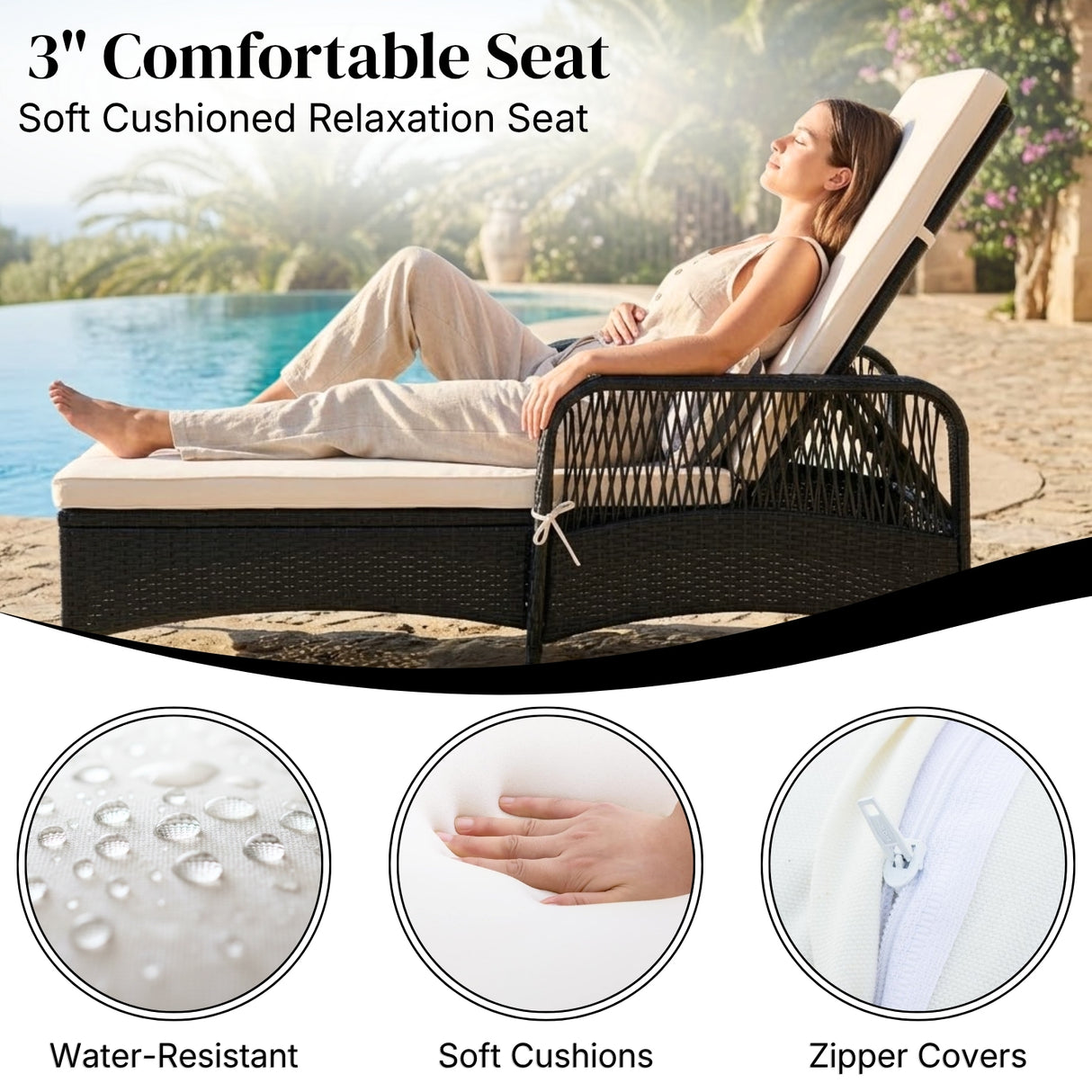 2-Piece Outdoor Rattan Wicker Lounger Set (Black & Off-White)
