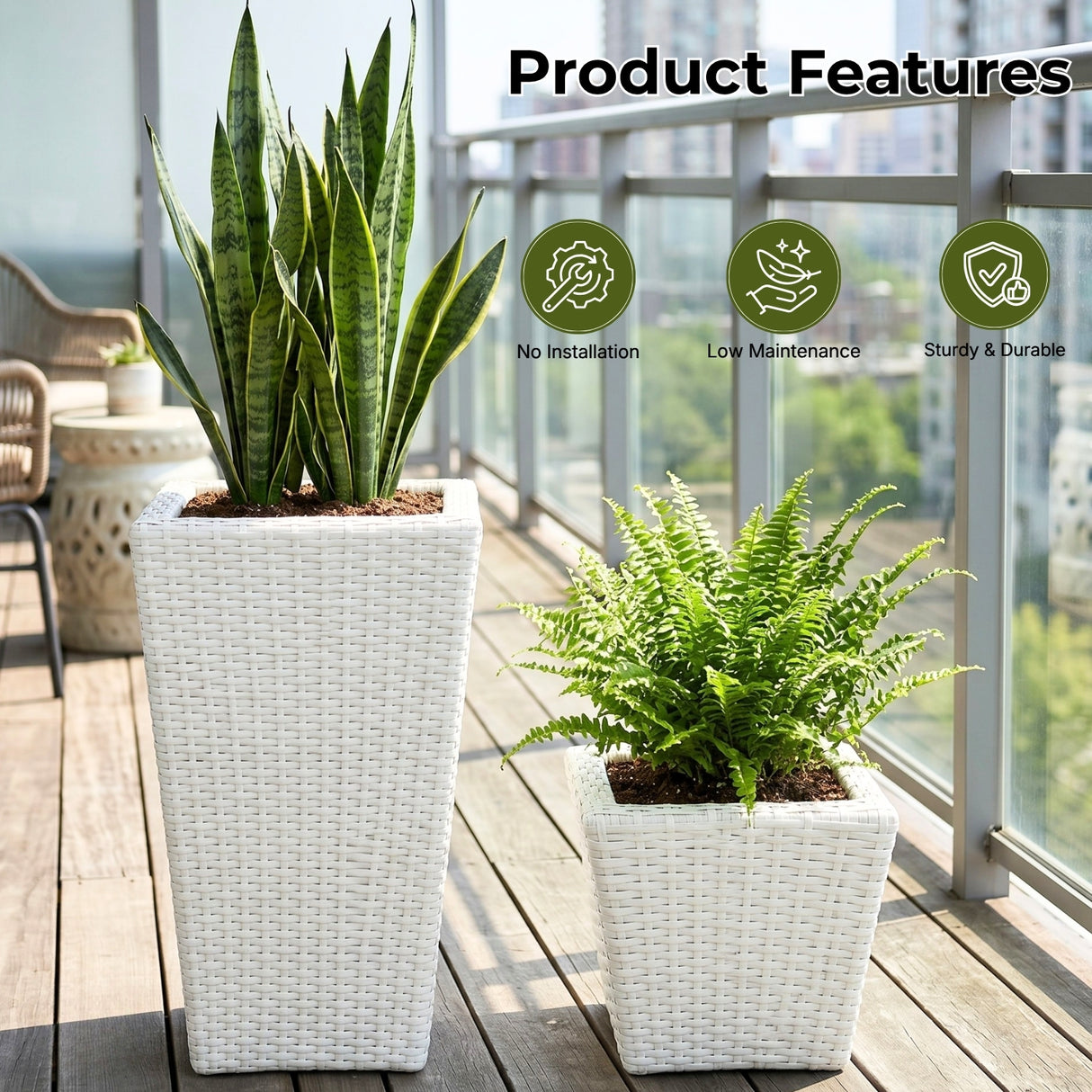 Tall Tapered Set of 6  Outdoor Wicker Planter (White)