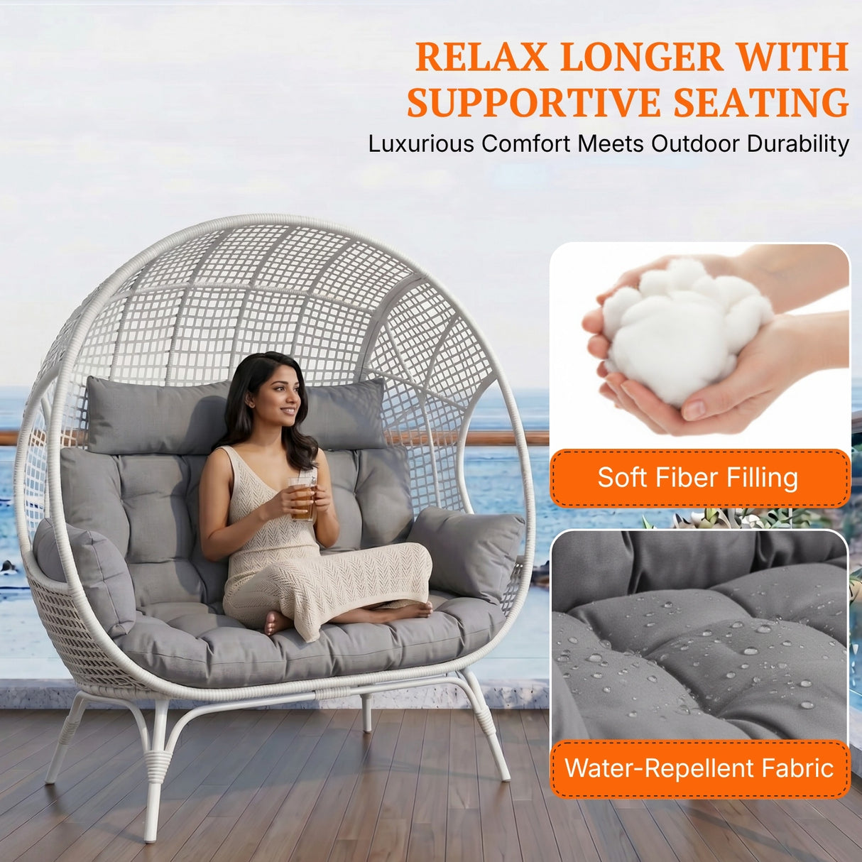 Outdoor Rattan Wicker Double Seater Egg Chair (White & Grey)