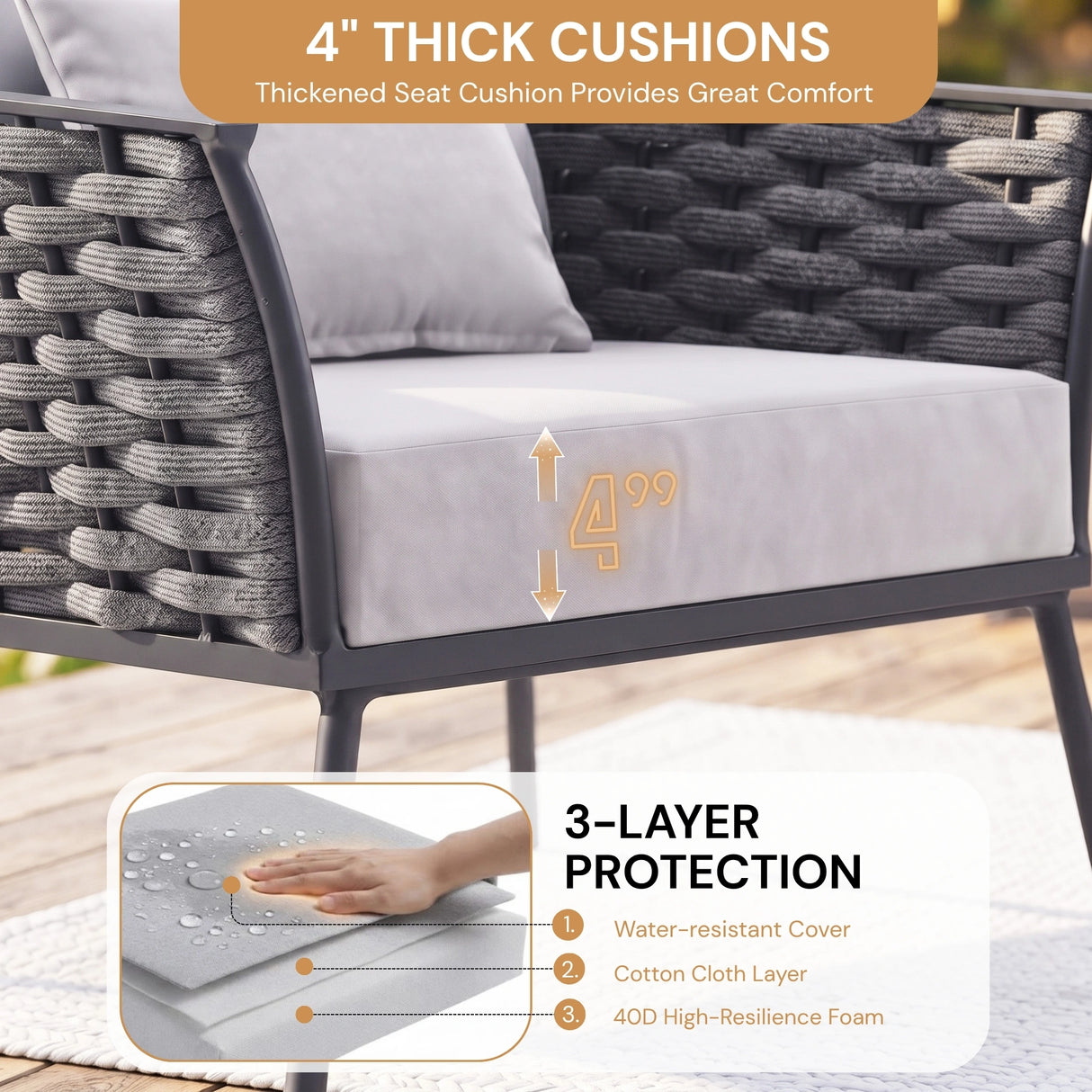 4 Piece Outdoor Rope Sofa Set with Wooden Top Table