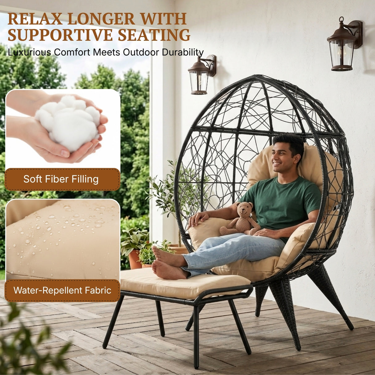 Outdoor Wicker Egg Chair with Ottoman (Black & Beige)