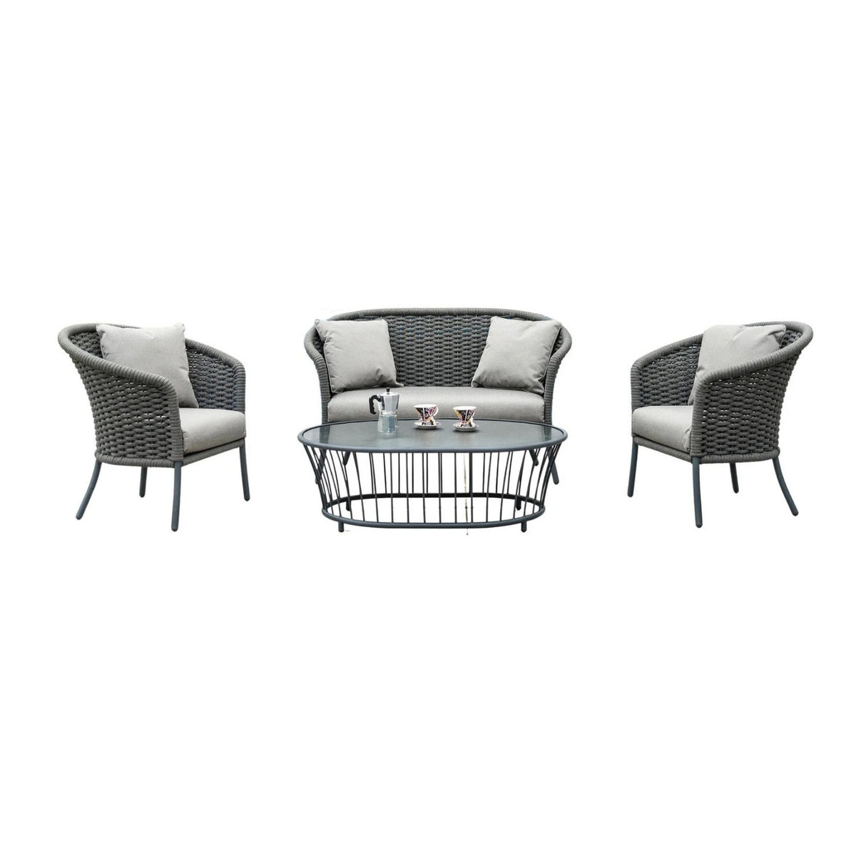 Outdoor Grey Rope 4 Piece Patio Sofa Set with Light Grey Cushions