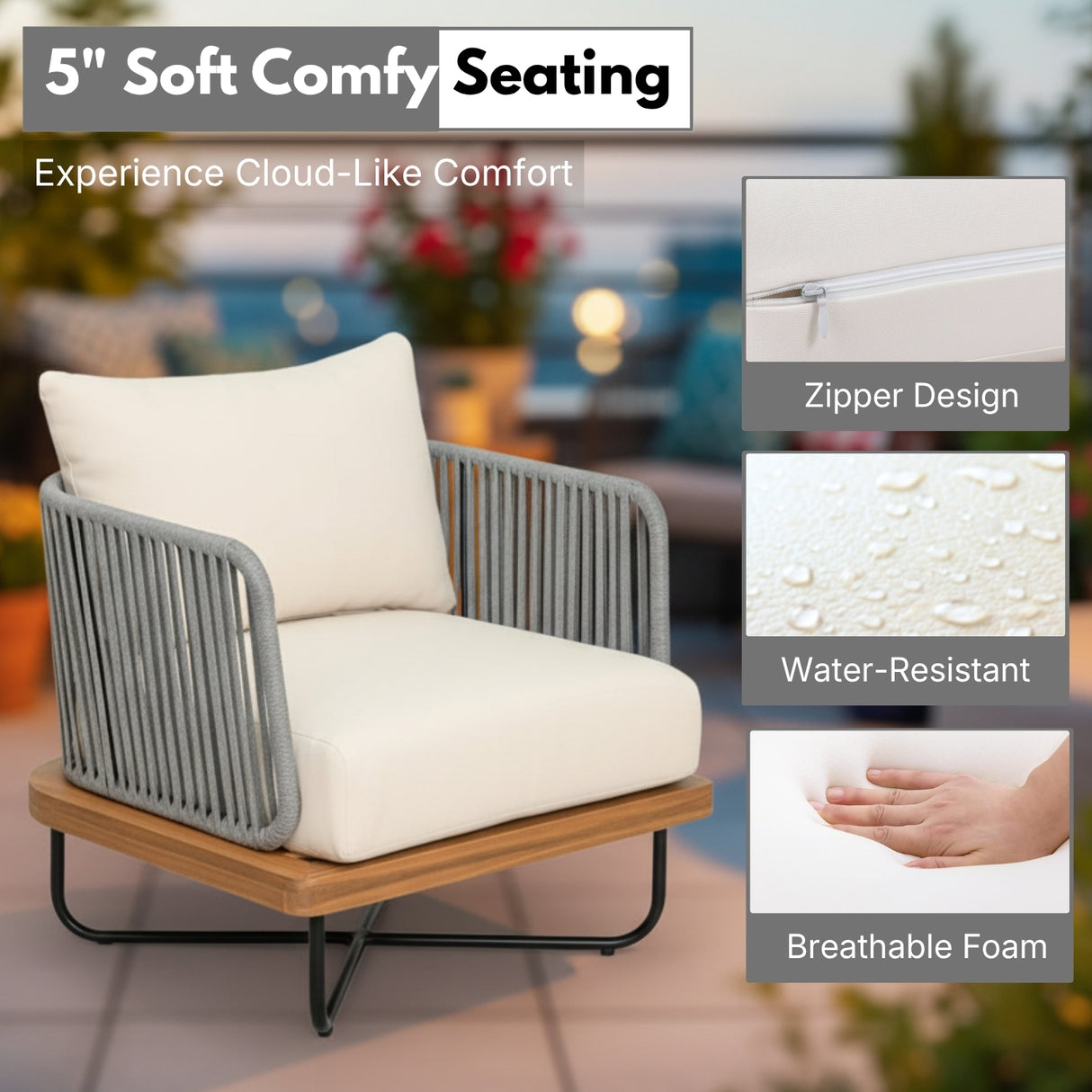 Premium All-Weather Outdoor Rope Sofa Chairs Set (Grey & Cream)
