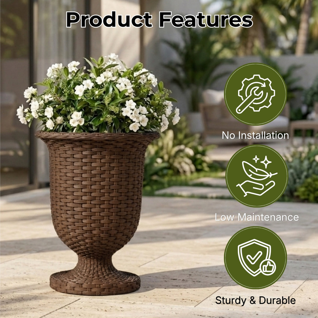 Outdoor Rattan Wicker Urn Planter Set of 3 (Dark Brown)