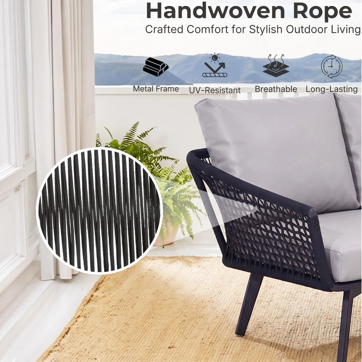 2-Piece Outdoor Rope Loveseat Sofa With Ottoman