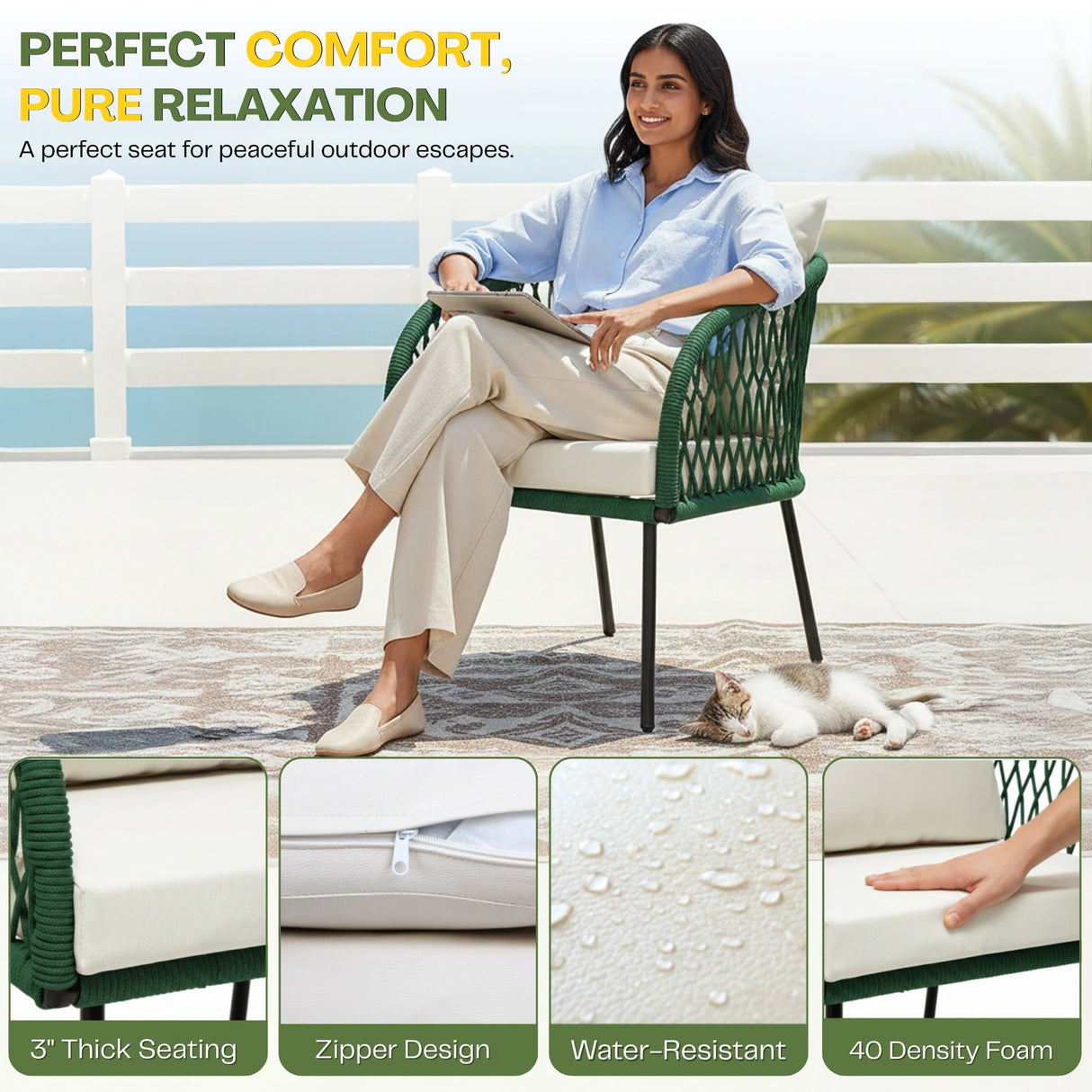 Outdoor Rope 4-Seater Sofa Set with Glass Top Table (Green & Off-white)