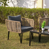 Outdoor Rope 4-Piece Patio Sofa Set with Glass Top Table (Beige & Dark Grey)