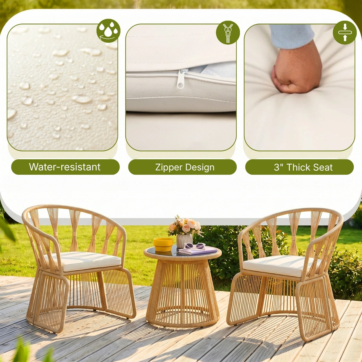 Outdoor Rope 3-Piece Patio Set (Beige & Off-White)