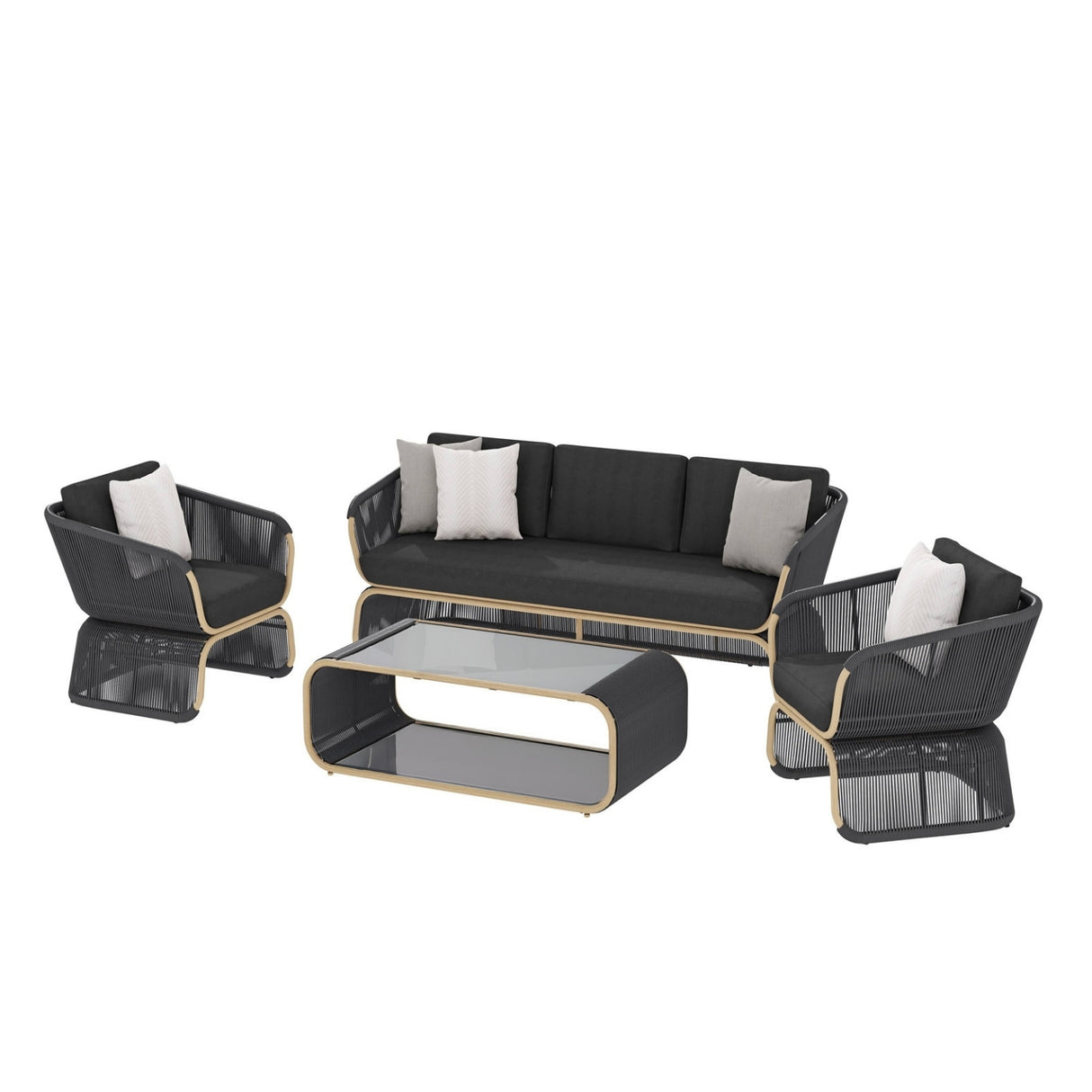 Outdoor Braided Rope Sofa Set With 2-Tier Glass Top Table