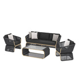 Outdoor Braided Rope Sofa Set With 2-Tier Glass Top Table