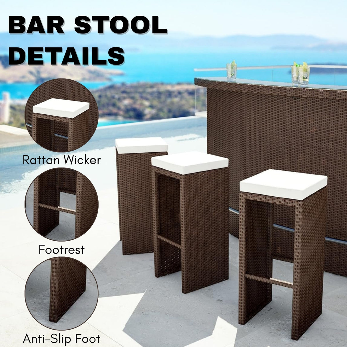 3-Seater Outdoor Rattan Wicker Bar Set