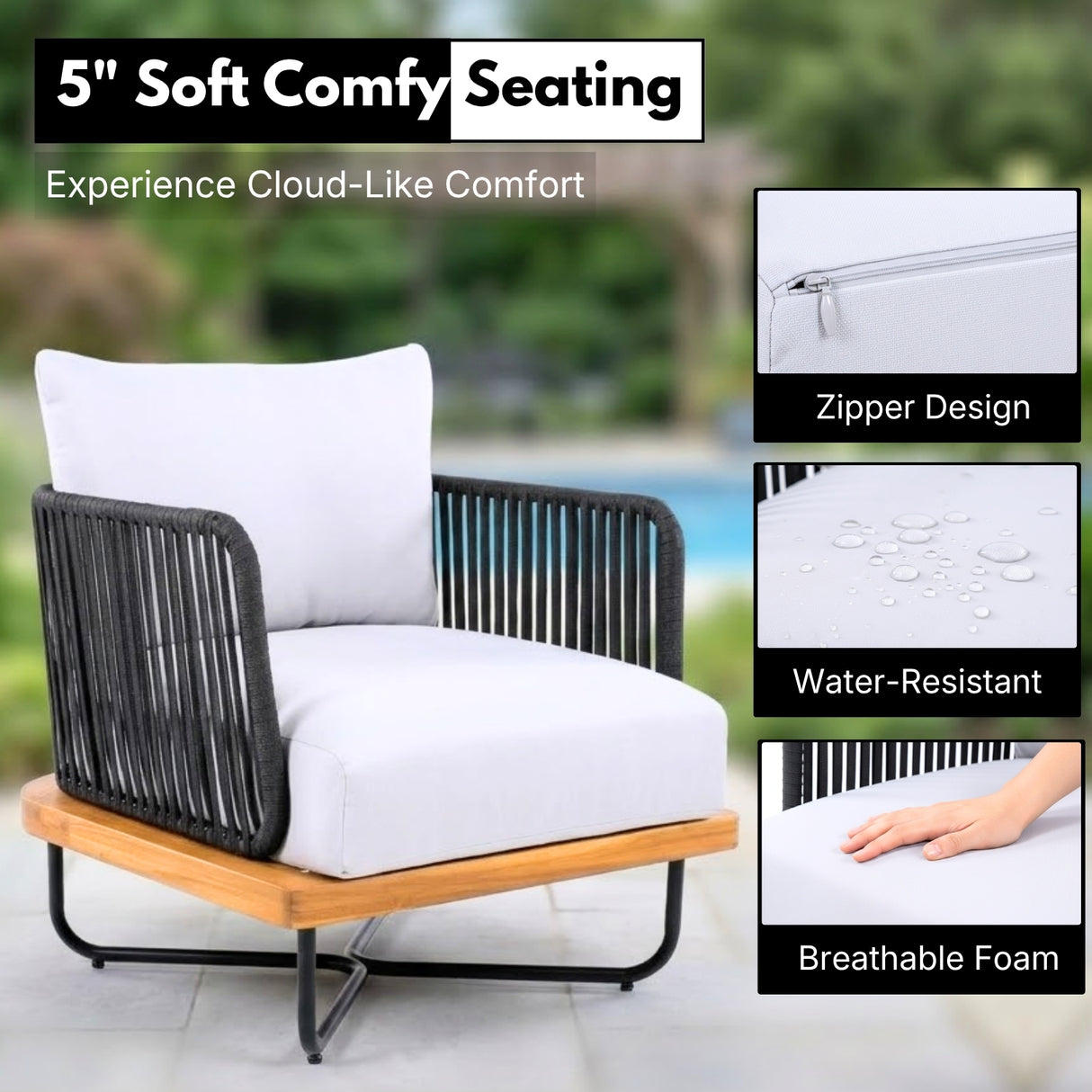 Outdoor Rope Sofa Set with Wooden Base & Teak Finish Coffee Table (Black & Off-White)