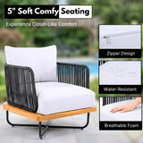 Outdoor Rope Sofa Set with Wooden Base & Teak Finish Coffee Table (Black & Off-White)