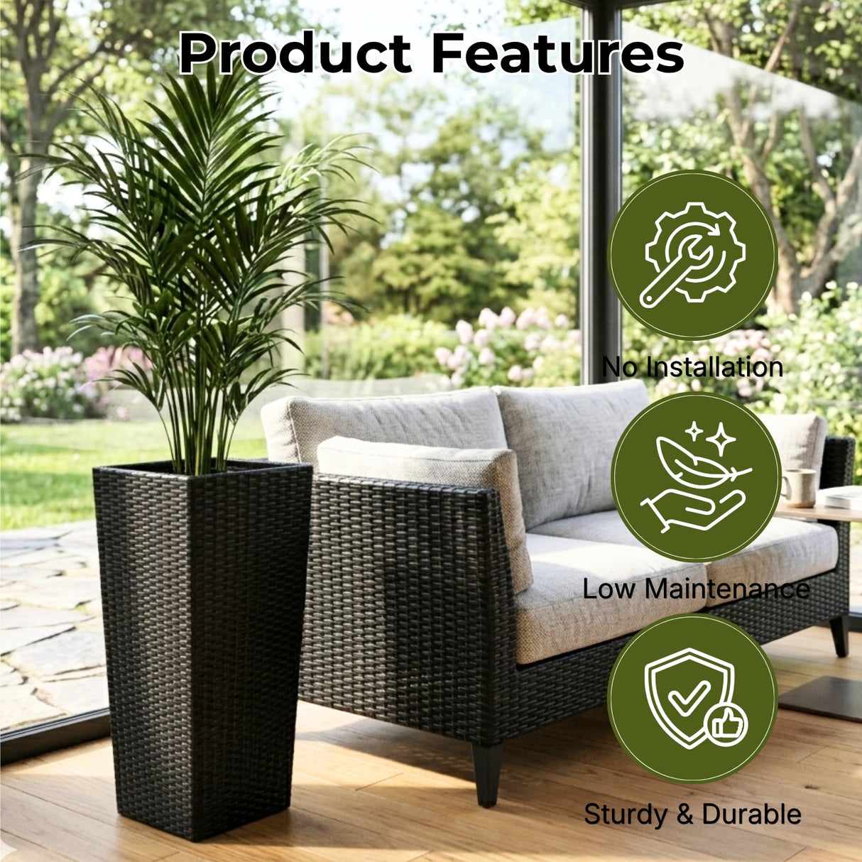 2-Piece Outdoor Rattan Wicker Tall Square Planters (Black)