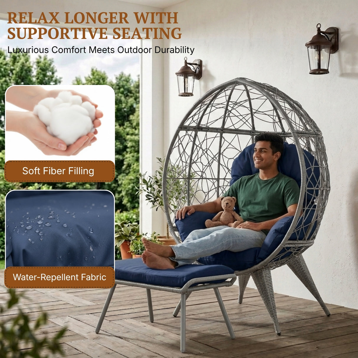 Outdoor Wicker Egg Chair with Ottoman (Silver Grey & Navy-Blue)